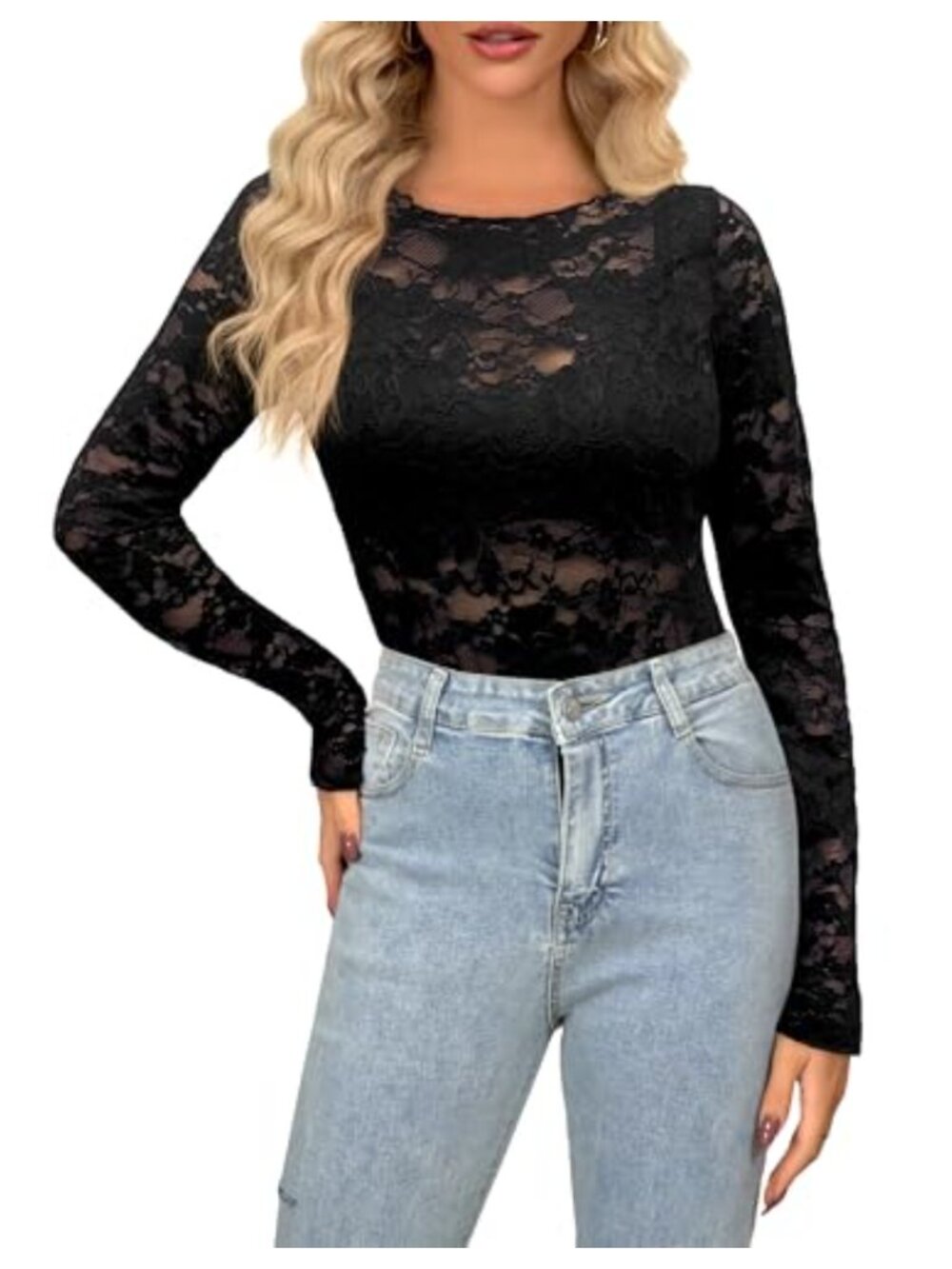 hellobaby Womens Lace Floral Mesh Long Sleeve See Through Blouse Top
